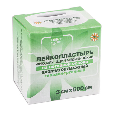 Лейкопластырь медицинский фиксирующий в рулоне LEIKO 3х500 см, на нетканой хлопчатобумажной основе, в картонной коробке, 531728