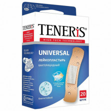 Набор пластырей 20 шт. TENERIS UNIVERSAL универсальный на полимерной основе, бактерицидный с ионами серебра, коробка с европодвесом, 0208-006
