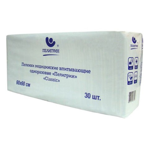 Пеленки 60х60 см, ПЕЛИГРИН "Classic", КОМПЛЕКТ 30 шт., впитывающие, одноразовые, М60х60/30С